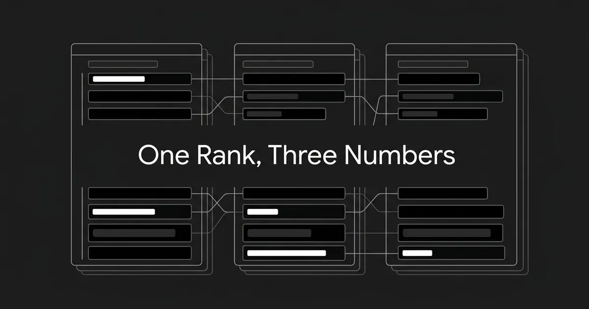 Three monochrome ranked result lists connected by crossing lines, with a different item highlighted in each, under the words 'One Rank, Three Numbers'.