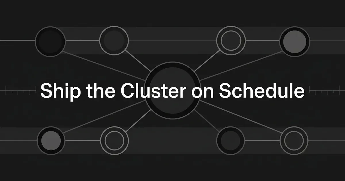 An abstract monochrome diagram of one central node linked to smaller nodes spaced along a timeline track, behind the cover line Ship the Cluster on Schedule.