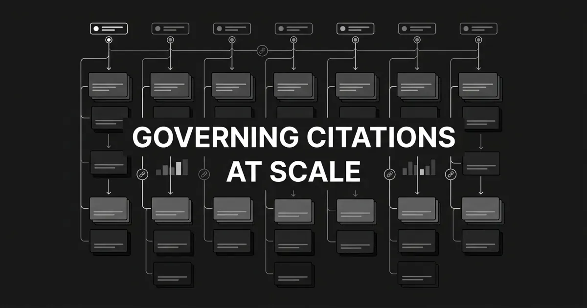 Monochrome abstract diagram of answer-engine nodes routing citation lines down into layered brand and market cards, with the centered white cover line "Governing Citations at Scale" on a charcoal background.