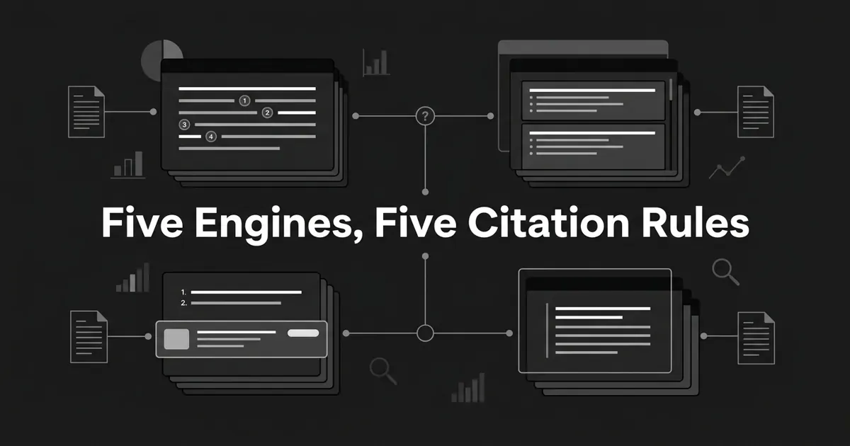 Monochrome flat-vector diagram of four stacked answer panels connected by thin lines to a central question node and source documents, each panel showing a different citation style, under the centered white cover line Five Engines, Five Citation Rules.