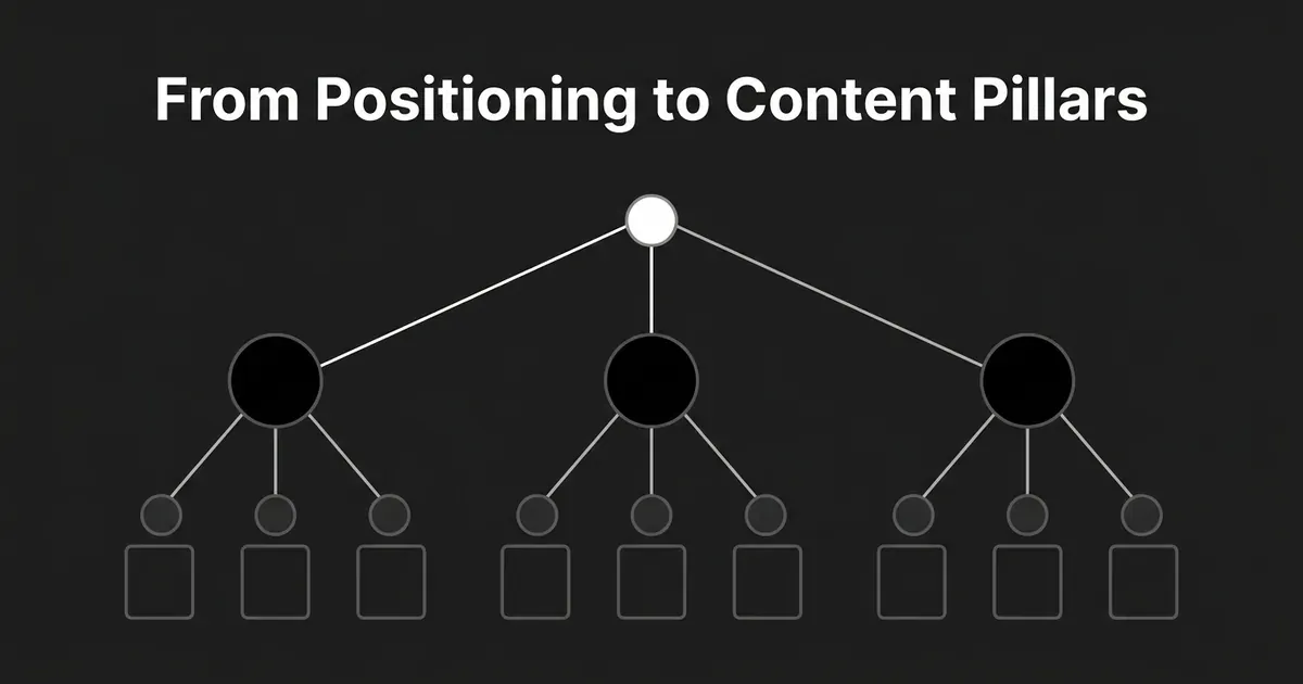 A branching diagram in monochrome shows one positioning node splitting into three content pillar nodes, each branching further into individual topic cards, under the headline From Positioning to Content Pillars.