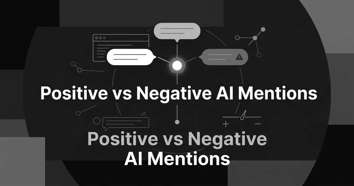A monochrome, abstract-geometric diagram on a charcoal background showing a central white brand node linked to three diverging answer tags in different gray tones, one positive, one neutral, and one negative, under the centered white cover line Positive vs Negative AI Mentions.