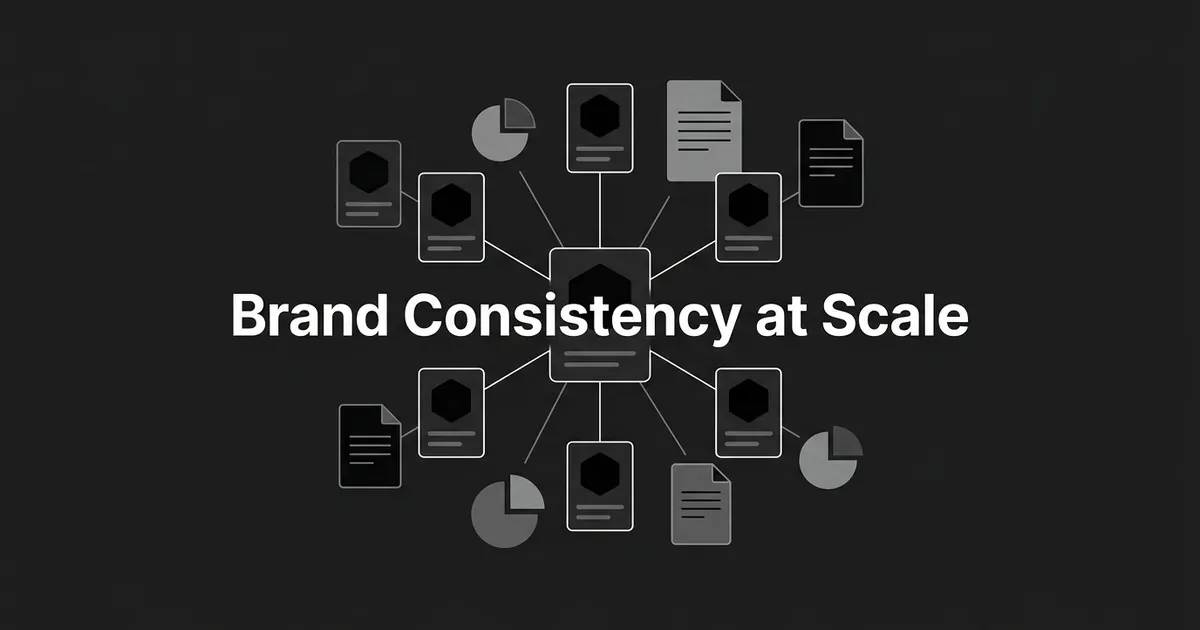 A monochrome illustration of a central content card connected by thin lines to a ring of smaller identical cards and document icons, with the words Brand Consistency at Scale in white centered text.