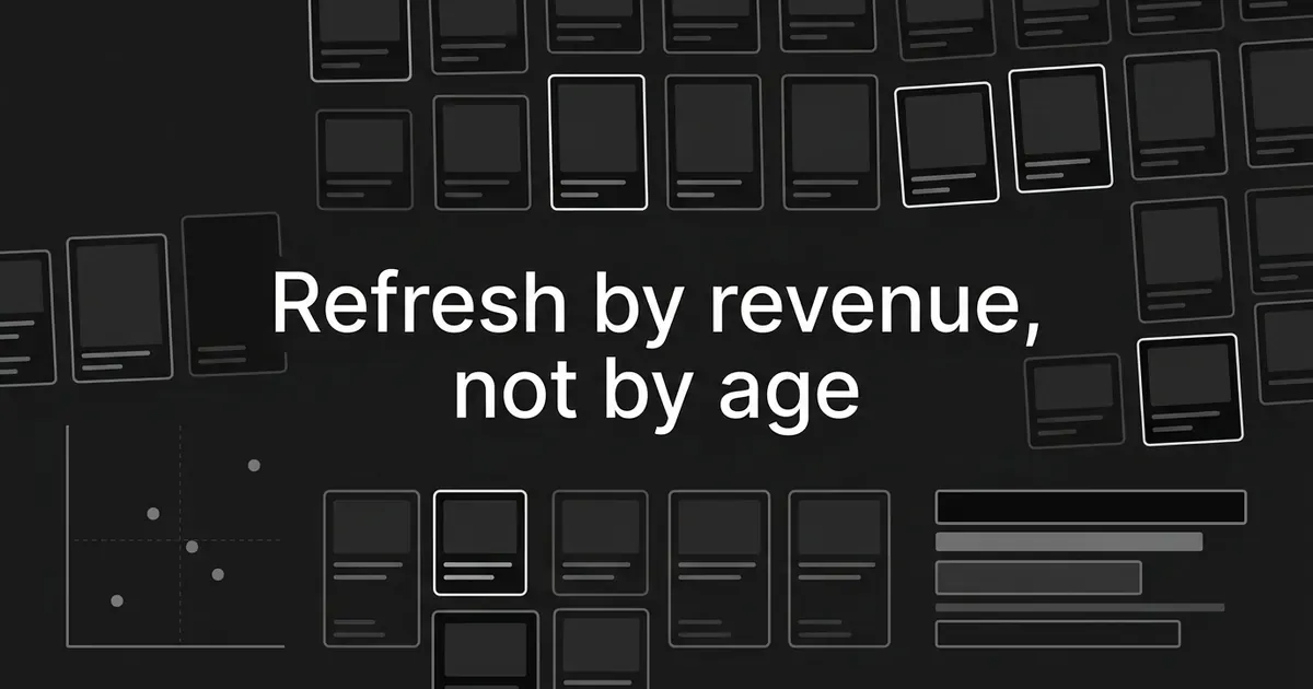 A monochrome abstract cover showing a dense grid of dim catalog page cards with a few outlined brighter, beside a small scatter plot and a stack of unlabelled bars, under the line 'Refresh by revenue, not by age'.