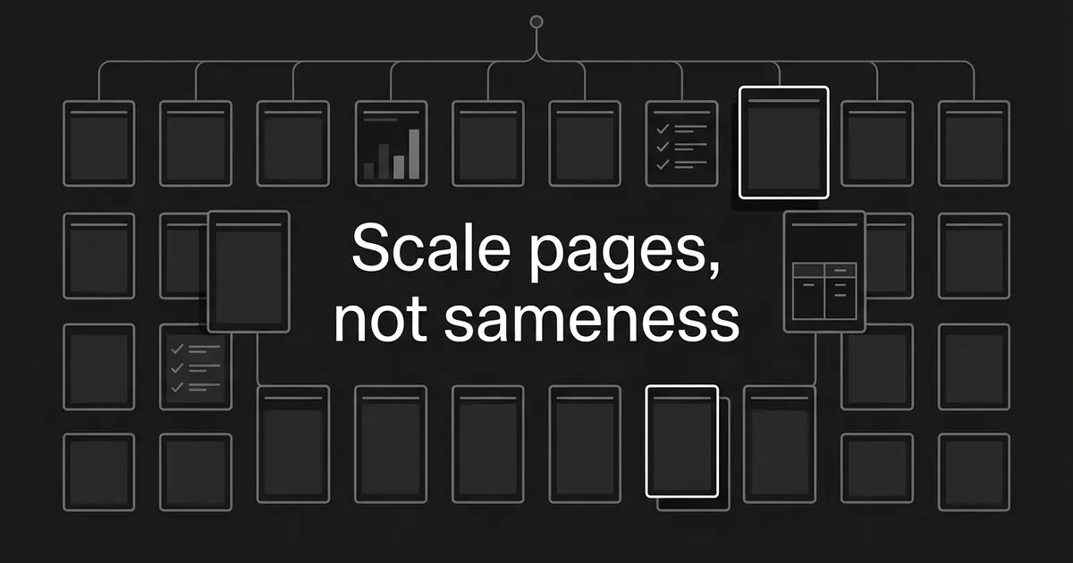 A monochrome grid of many outlined page cards on a charcoal field, most of them plain but a few carrying a small chart, a checklist or a two-column comparison, with the centred white cover line "Scale pages, not sameness".