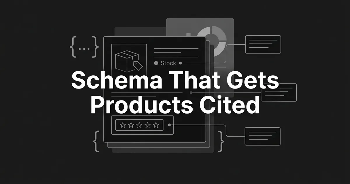 Monochrome illustration of a product card showing a box icon, price tag, stock indicator, and star rating, framed by code braces and linked by thin lines to three answer cards, under the cover line "Schema That Gets Products Cited".