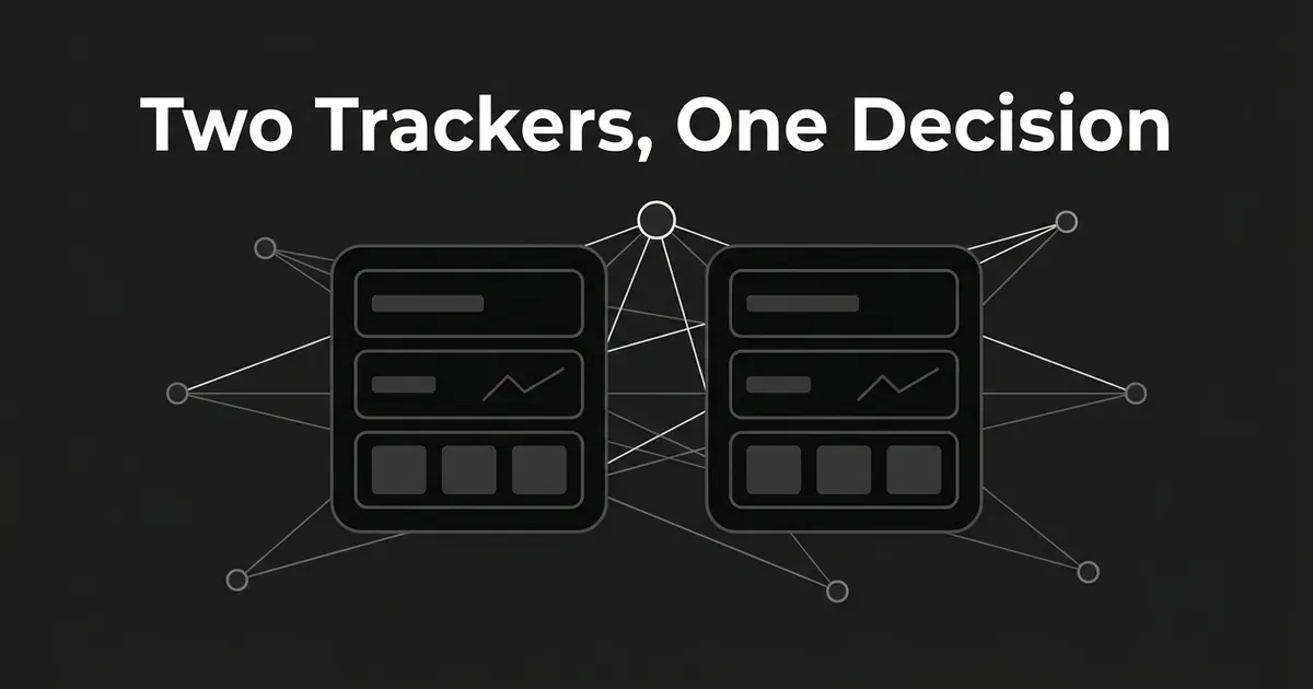 Monochrome geometric cover on charcoal showing two identical dark dashboard panels side by side, linked by a web of thin grey connector lines running out to scattered circular nodes, under a white cover line reading Two Trackers, One Decision.