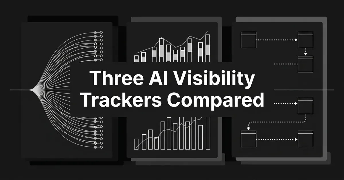 A monochrome abstract cover showing three side-by-side analytics columns, one of radiating connection lines, one of stacked chart bars, and one tracing a crawler path between pages, under the centered white cover line "Three AI Visibility Trackers Compared".