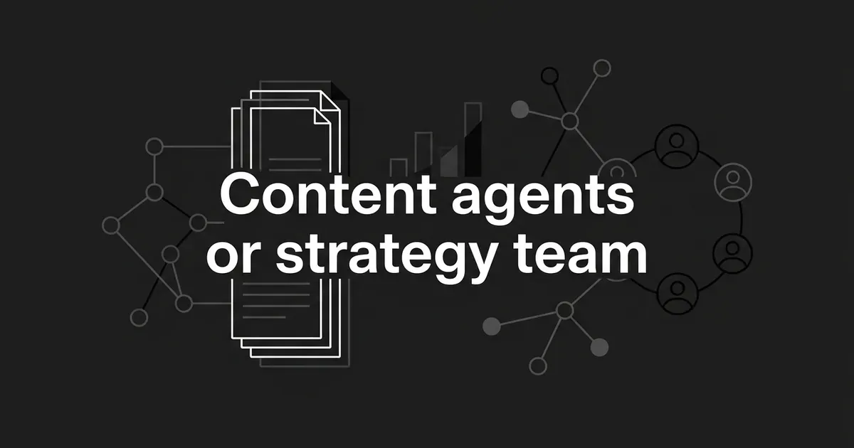 Abstract monochrome illustration of connected nodes, stacked page cards and a ring of people icons around the words Content agents or strategy team.