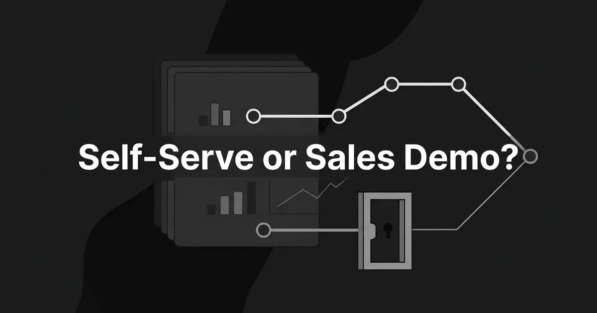 Monochrome illustration of two connected-node paths, one running straight to a goal and one blocked by a gate with a keyhole, behind the text Self-Serve or Sales Demo?