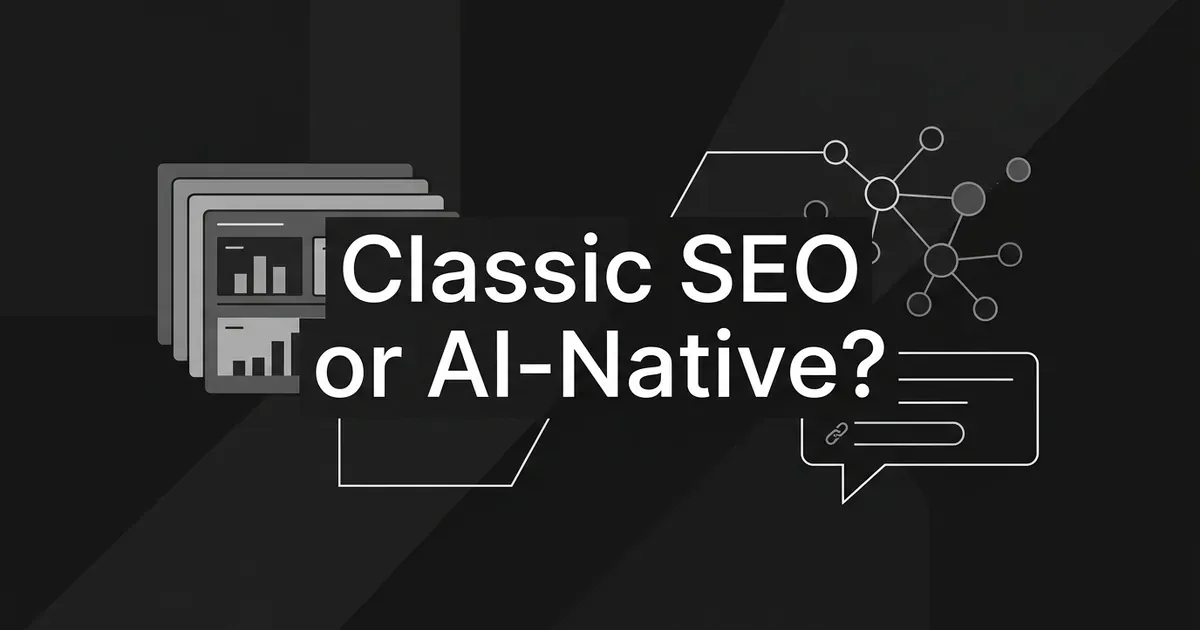 Dark abstract cover reading Classic SEO or AI-Native? between a stack of gray dashboard cards on the left and a network of connected nodes and a citation speech bubble on the right.