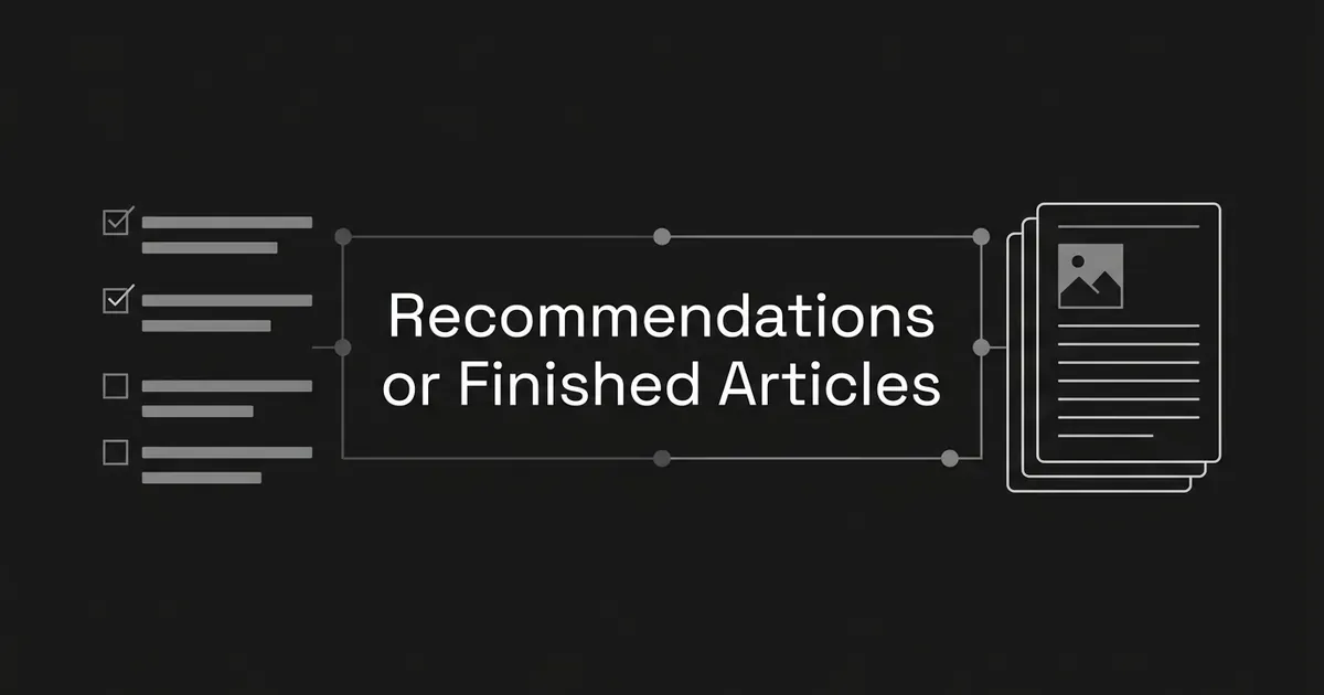 Dark cover with a checklist of recommendations on the left, a stack of finished article pages on the right, and the line Recommendations or Finished Articles between them.