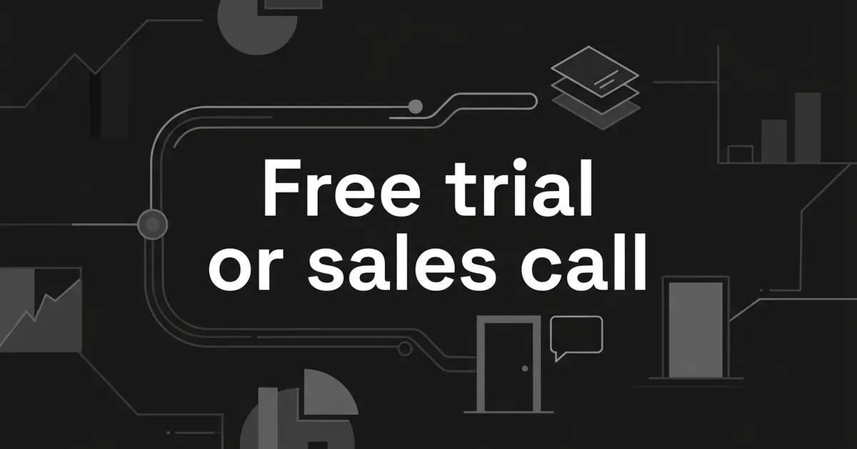 Abstract monochrome diagram with the words Free trial or sales call, showing one short path to a stack of cards and another to a closed door with a speech bubble.