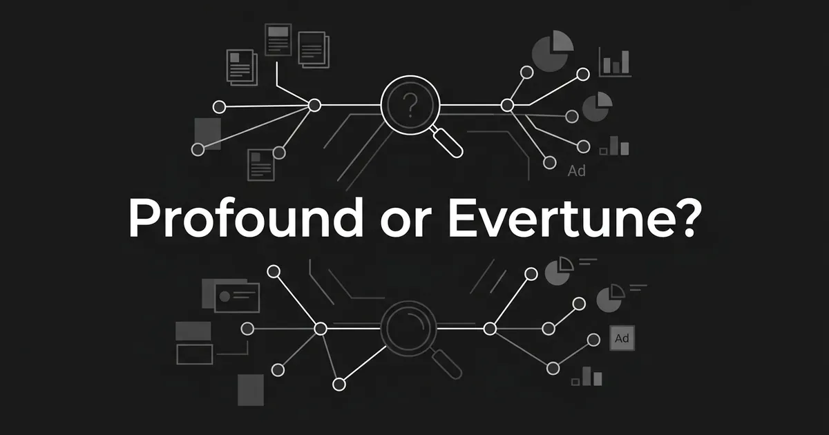Dark monochrome cover with the words Profound or Evertune? centered between two mirrored node diagrams, one branching to content pages and the other to charts and ad tiles.