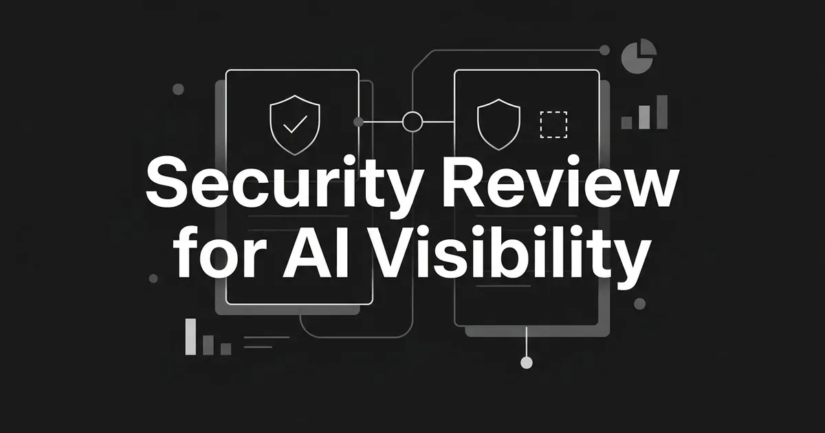 Charcoal cover with two outlined cards, one showing a shield with a checkmark and one a shield with an empty check box, behind the white line Security Review for AI Visibility.
