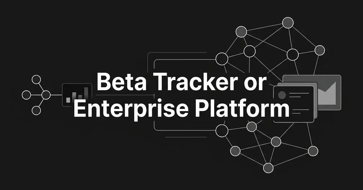 Abstract monochrome diagram of a small three-node tracker on the left and a larger nine-node network on the right, with the cover line Beta Tracker or Enterprise Platform centered in white.