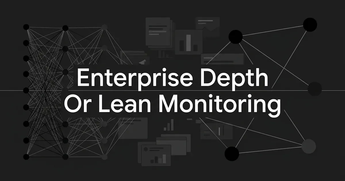 A monochrome illustration contrasting a dense lattice of small connected nodes on the left with a sparse set of larger nodes on the right, joined by a single horizontal axis, under the cover line Enterprise Depth Or Lean Monitoring.