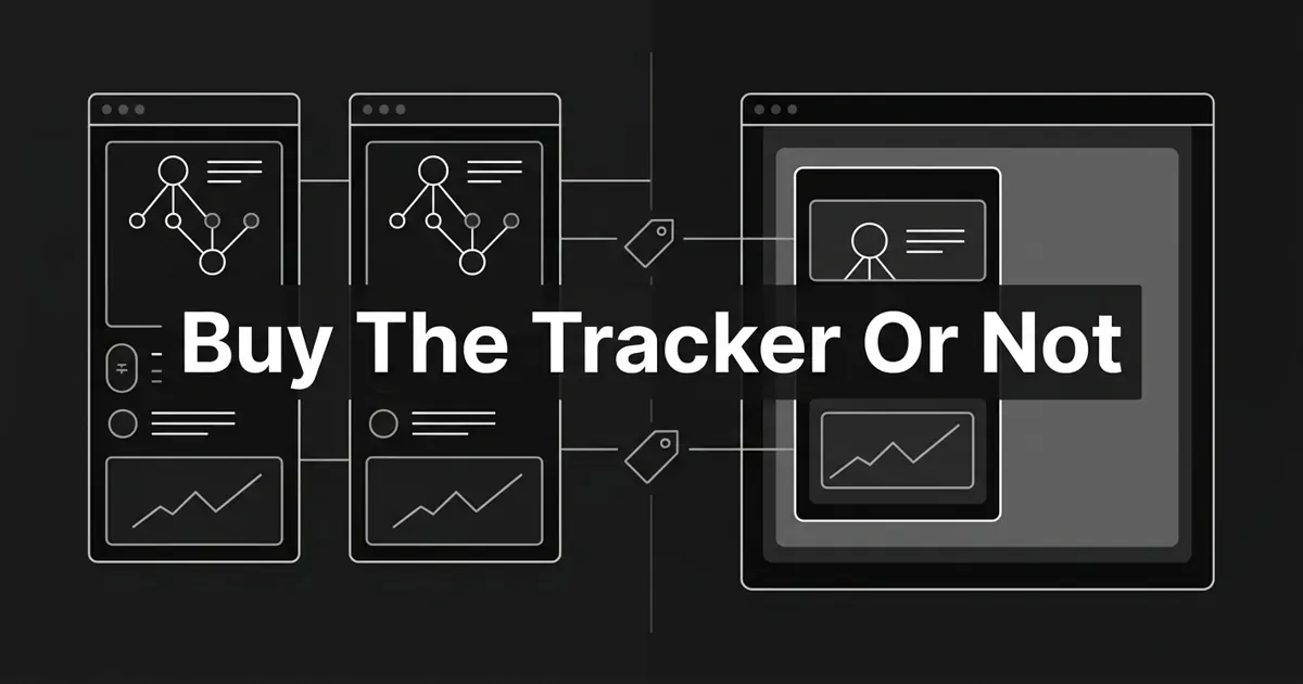 Monochrome geometric cover on charcoal showing two standalone tracker panels beside a smaller module nested inside a larger suite frame, with the centered white cover line Buy The Tracker Or Not.