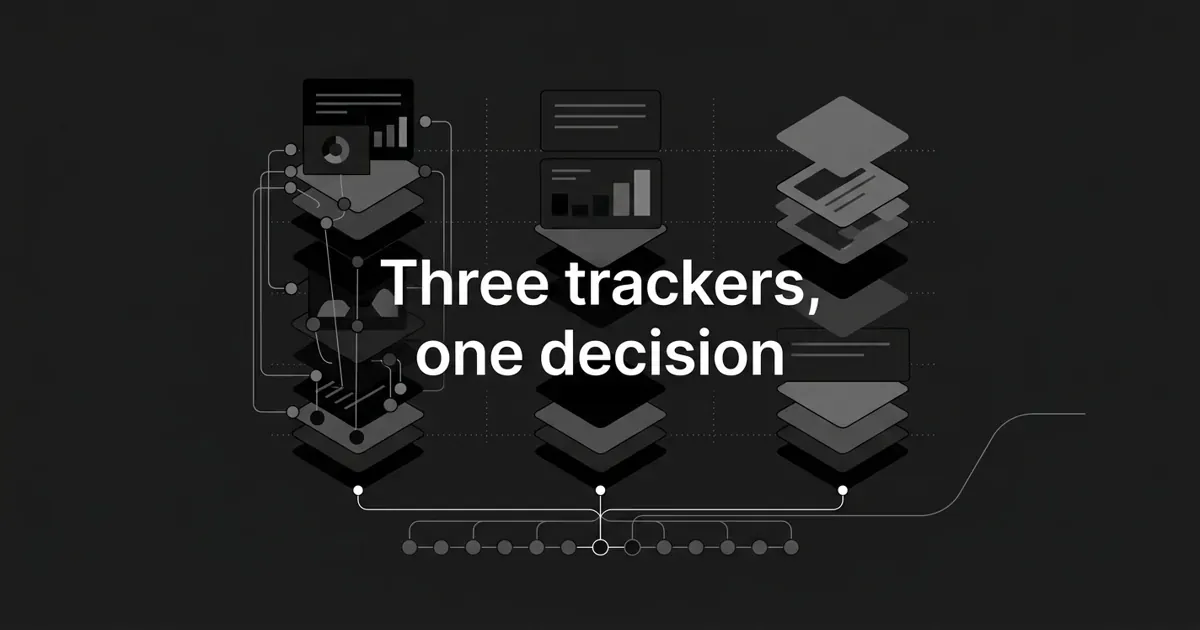Monochrome geometric cover showing three side-by-side stacks of layered cards and chart fragments, each wired to a shared row of answer-engine nodes, with one line trailing off into empty space, under the cover line "Three trackers, one decision".