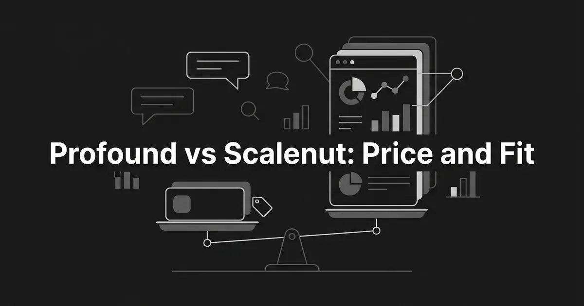 A monochrome illustration of a balance scale weighing a small price-tag card against a tall analytics dashboard, under the cover line Profound vs Scalenut: Price and Fit.