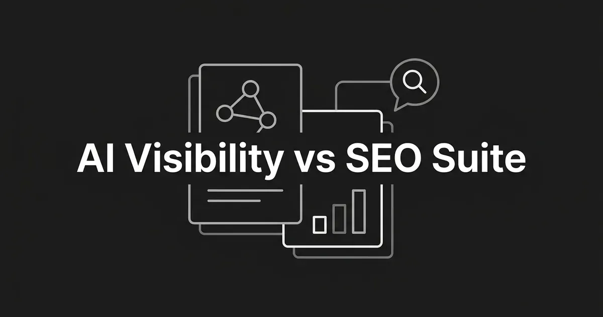 Centered white text reading AI Visibility vs SEO Suite over layered monochrome cards with a node diagram, a bar chart fragment and a search bubble on a charcoal background.