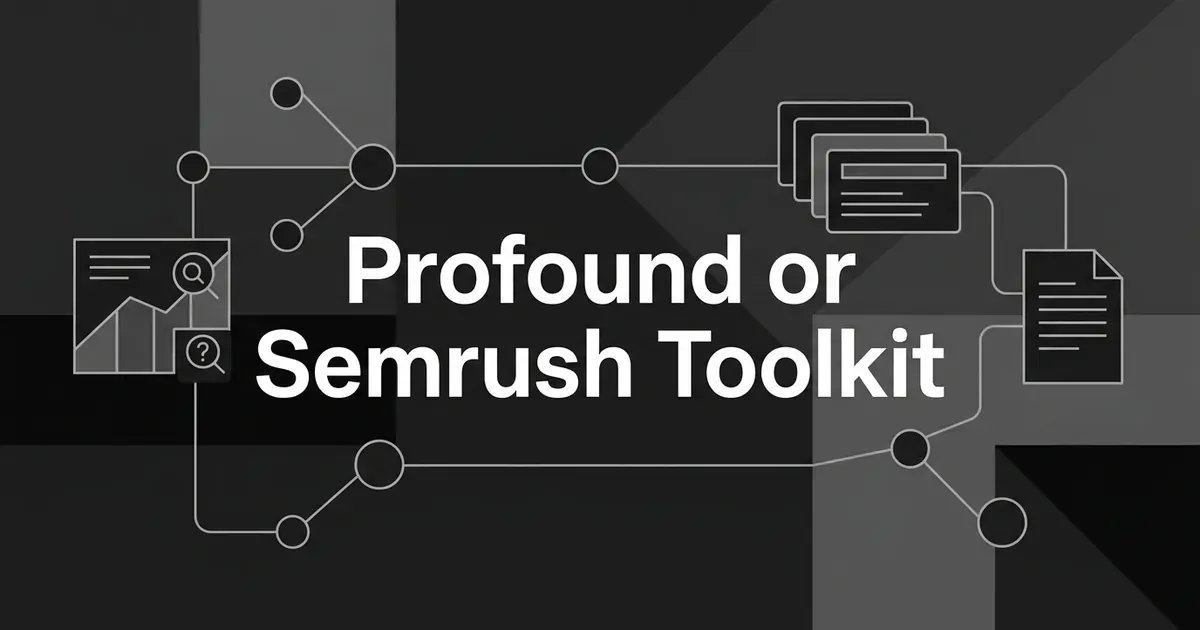 Monochrome diagram of two linked node networks, one with a chart and search icons and one with stacked cards feeding a document, around the cover line Profound or Semrush Toolkit.