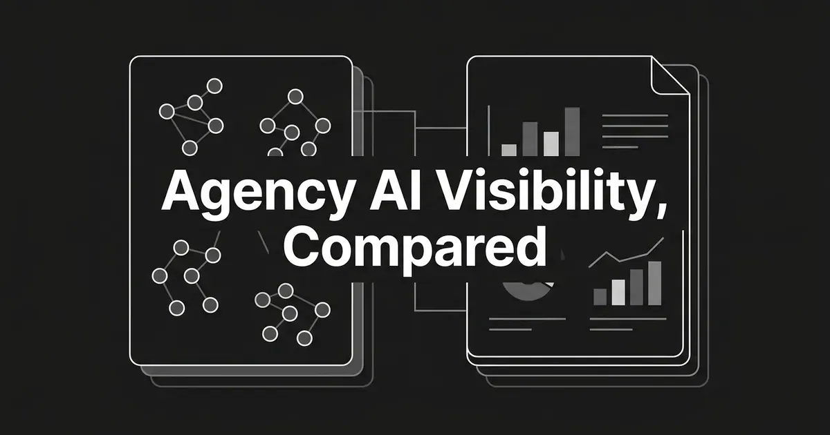 Two layered cards in white linework on charcoal, one holding separate clusters of linked nodes and the other a stack of report pages with bar charts, under the cover line Agency AI Visibility, Compared.