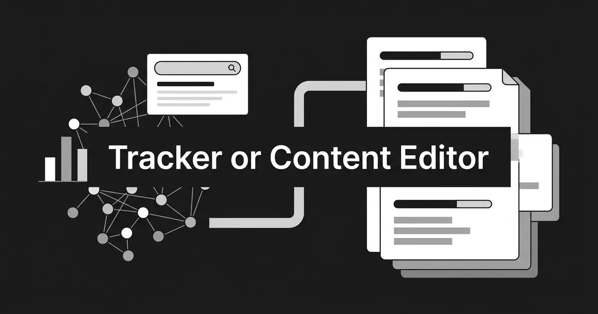 Monochrome cover with the line Tracker or Content Editor, a node network and search card on the left linked to stacked document cards with score bars on the right.