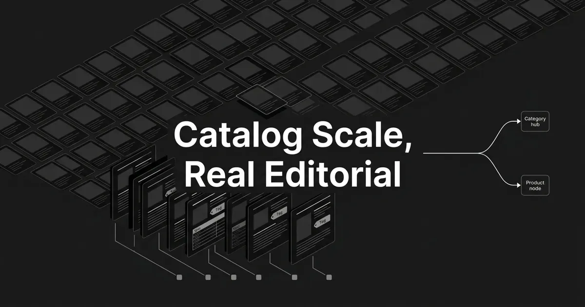 Monochrome flat-vector cover showing a wide grid of identical product-card outlines with a few foreground cards opening into detailed pages connected by lines to small data nodes, beside a path branching into category and product nodes, under the centered white cover line 'Catalog Scale, Real Editorial'.