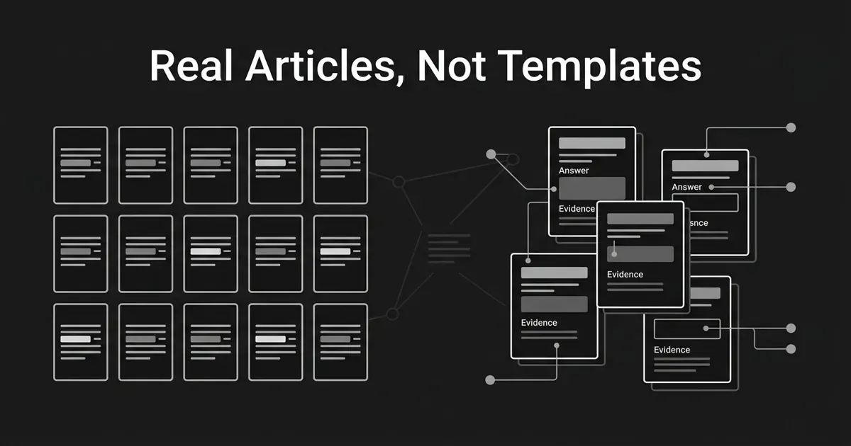 Monochrome flat-vector cover contrasting a uniform grid of identical templated page cards on the left with a smaller cluster of layered, individually detailed article cards linked to source nodes on the right, under the centered white cover line 'Real Articles, Not Templates'.