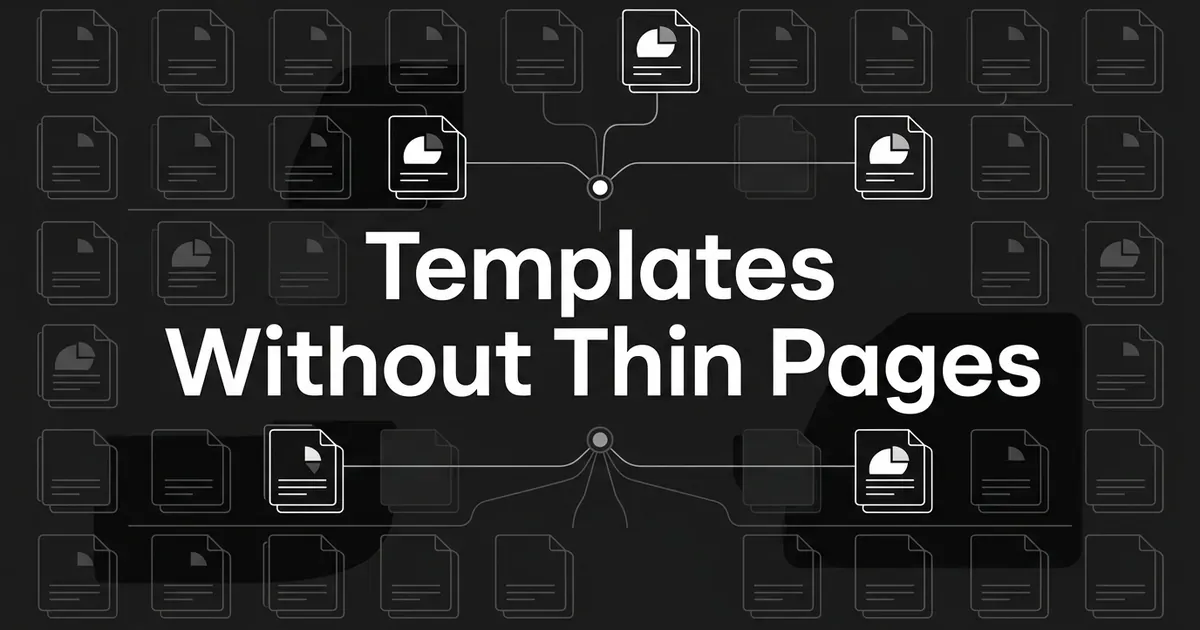 Grid of faint document cards on a charcoal background with a few bright cards linked to central nodes around the words Templates Without Thin Pages.