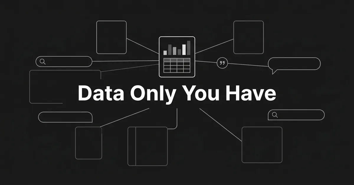 Monochrome flat-vector cover on charcoal with the centered white headline "Data Only You Have", showing a single data card holding a bar chart and table linked outward to blank answer cards, search bars, and a quotation-mark node.