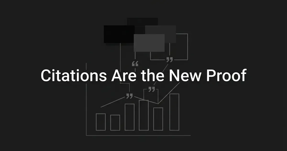 An abstract monochrome illustration of layered AI answer cards connected by thin lines to a rising bar chart, with quotation marks on the connectors and the cover line 'Citations Are the New Proof'.