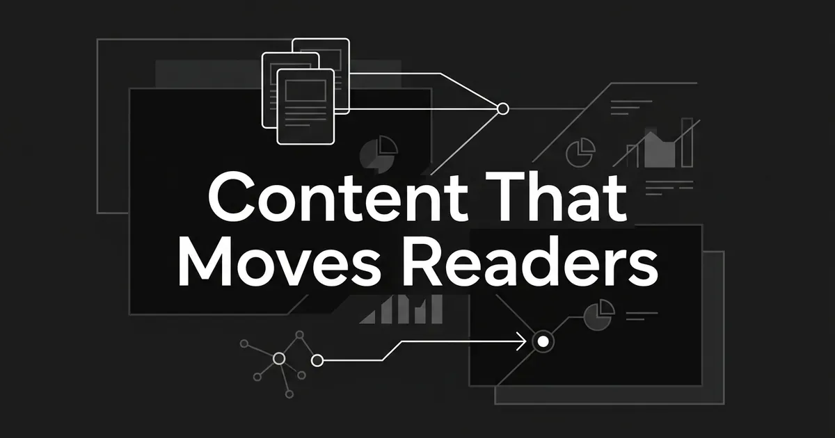 Abstract monochrome illustration of layered document cards linked by lines to nodes and chart fragments behind the words Content That Moves Readers.