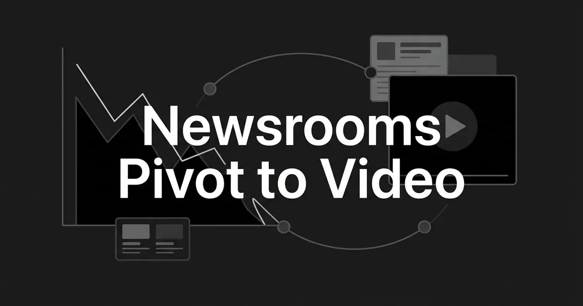 A monochrome illustration of a declining search-traffic line chart connecting through linked nodes to a video play-button frame, with the words Newsrooms Pivot to Video centered on a charcoal background.