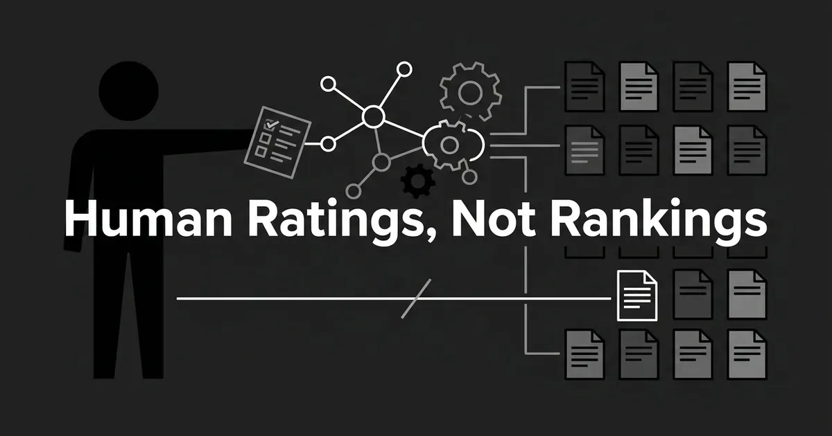 A monochrome illustration of a human figure handing a rating checklist into a network of connected nodes and gears that feeds a grid of document pages, with a direct crossed-out line from the human figure to a single page, titled Human Ratings, Not Rankings.