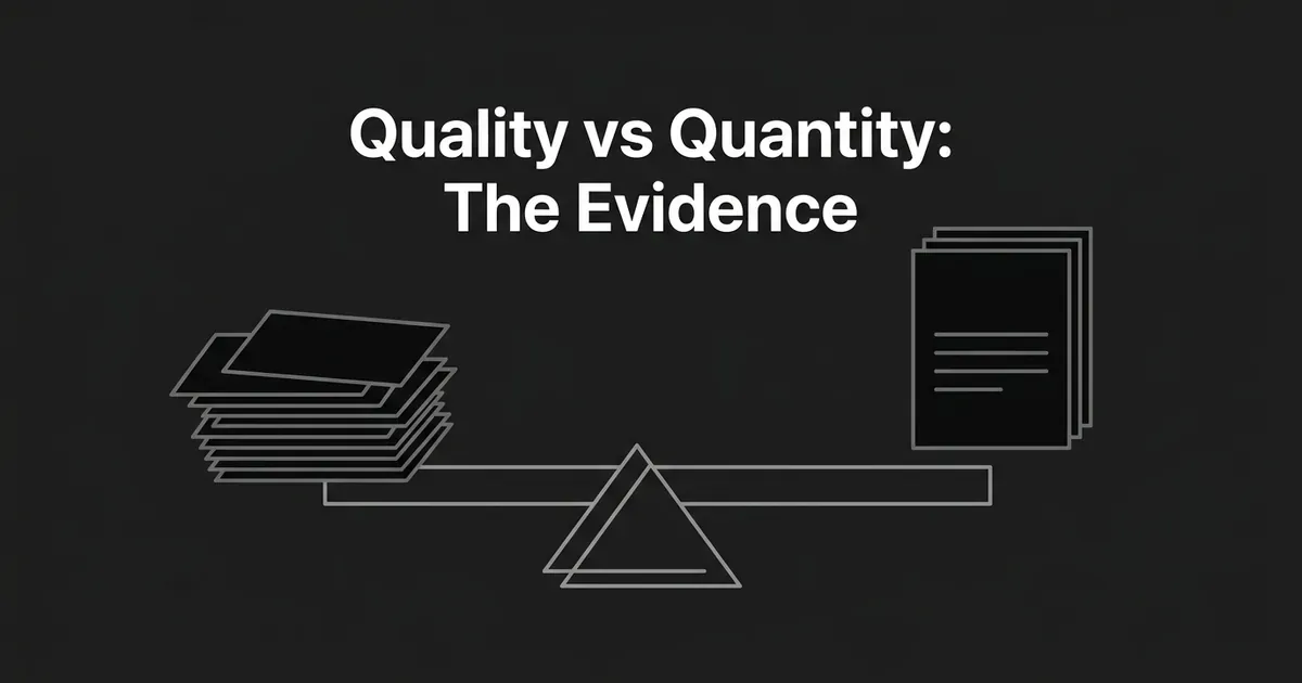 A monochrome illustration of a balance scale weighing a tall stack of many thin, overlapping pages against a single thicker, well-structured document, with the headline Quality vs Quantity: The Evidence.