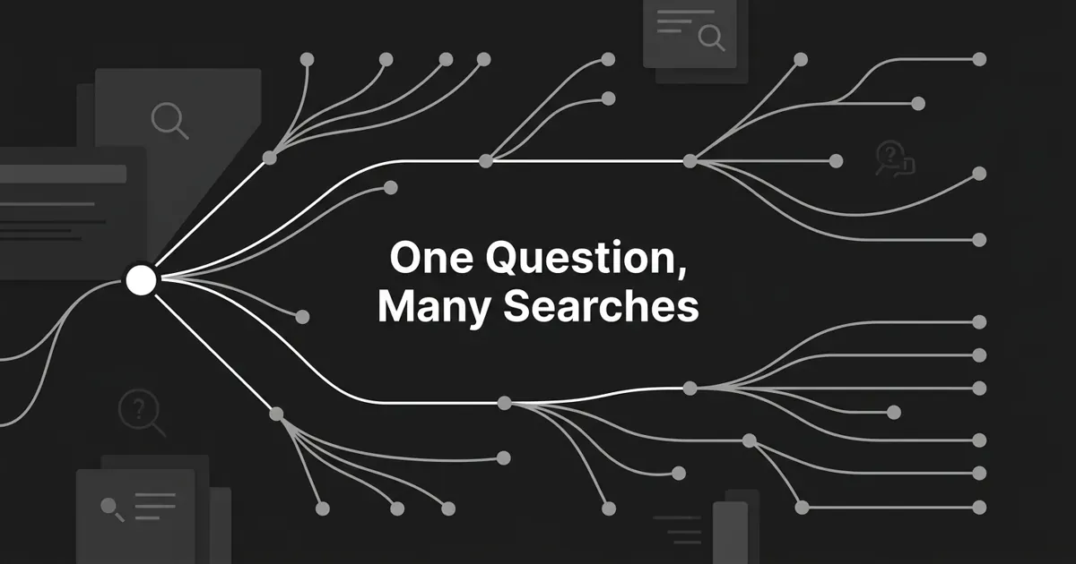 A monochrome charcoal illustration of a single white node fanning out through connecting lines into many smaller gray nodes, with the centered white cover line reading One Question, Many Searches.