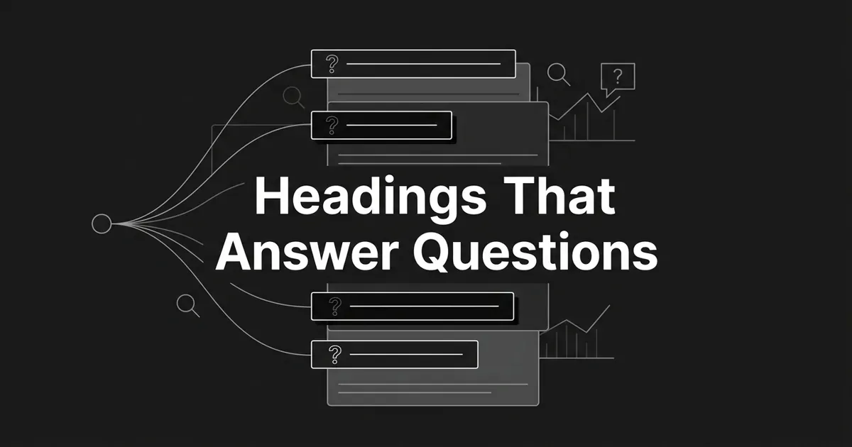 Monochrome flat-vector cover on a charcoal background showing stacked article-section cards, each topped by a question-mark heading bar, with thin white lines fanning out from a single query node to land on each heading, under the centered cover line "Headings That Answer Questions".