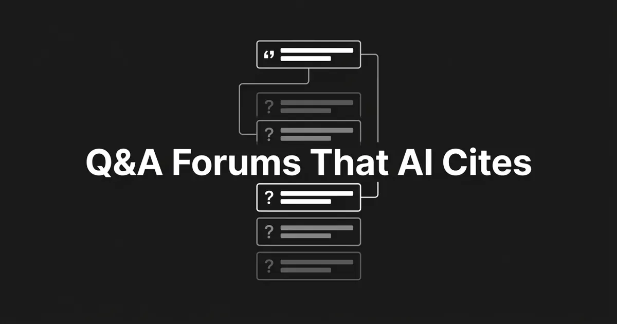 A monochrome flat-vector cover on a charcoal background showing a vertical stack of outlined question-and-answer forum cards, two of them highlighted in white and connected by thin lines to a quoted answer card above, under the white cover line 'Q&A Forums That AI Cites'.