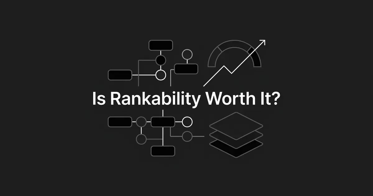 Abstract monochrome illustration of connected AI-answer-engine nodes feeding a rising trend gauge and stacked pricing-tier cards, with the centered white cover line 'Is Rankability Worth It?'