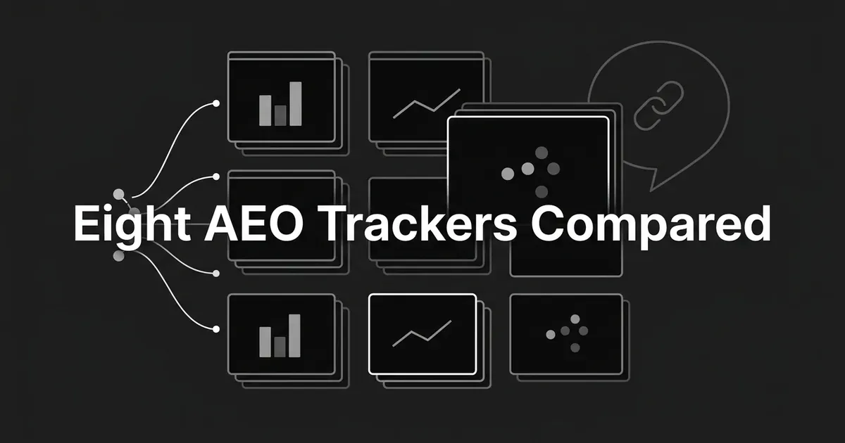 A monochrome illustration of eight stacked dashboard cards holding small bar, trend and dot-cluster charts, with one card highlighted in white and prompt lines fanning into them, under the cover line Eight AEO Trackers Compared.