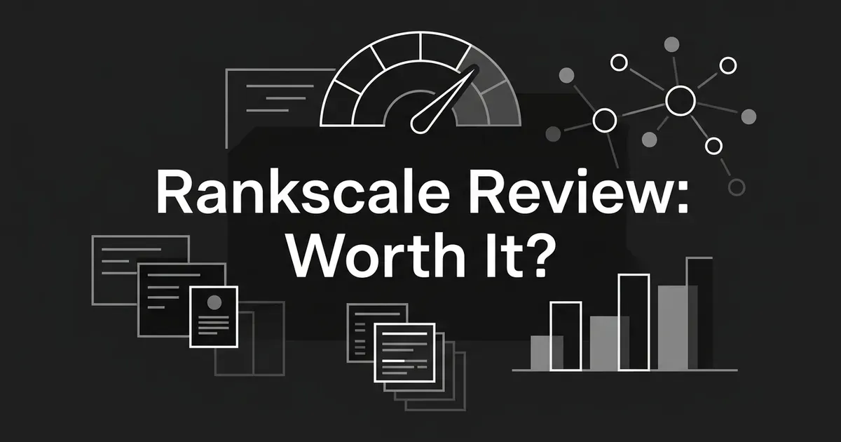 Monochrome illustration with a ranking gauge, a connected node network, layered report cards, and a rising bar chart around the centered text Rankscale Review: Worth It?