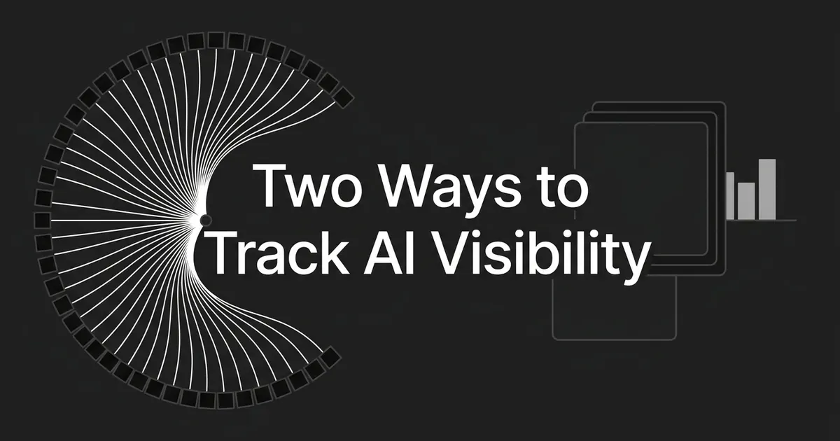 A monochrome cover reading Two Ways to Track AI Visibility, with a wide fan of connector lines radiating to an arc of small squares on the left and a stack of layered cards beside a small bar chart on the right.