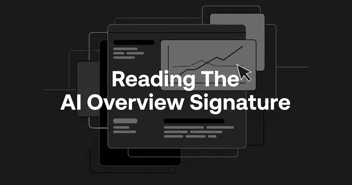 A monochrome illustration of layered dashboard cards with a rising line chart and a cursor pointing at it, with the text Reading The AI Overview Signature.