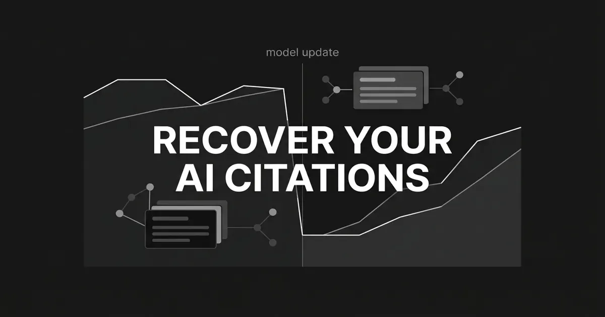 Monochrome flat-vector cover showing an AI citation line chart that drops sharply at a model-update marker and then climbs back up, with node and connection motifs and the centered white cover line 'Recover Your AI Citations'.