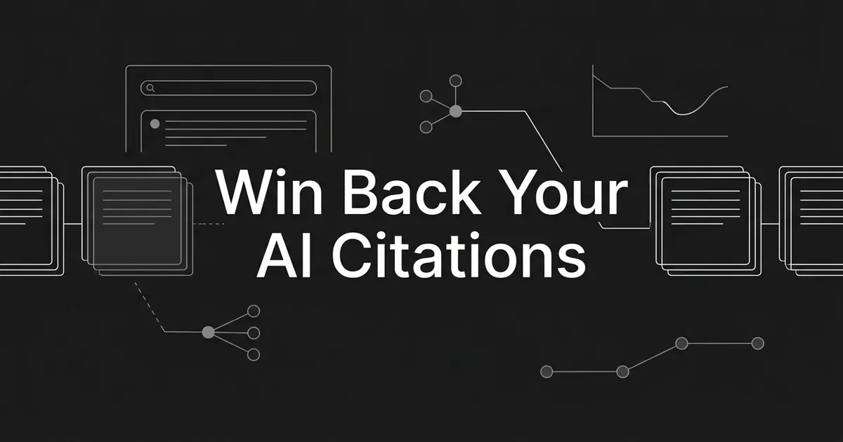 Monochrome line illustration of a row of stacked answer cards on a charcoal background, one card dimmed with a broken connection line being redrawn back into it, beside a search panel and a dipping and recovering chart, under the white cover line Win Back Your AI Citations.