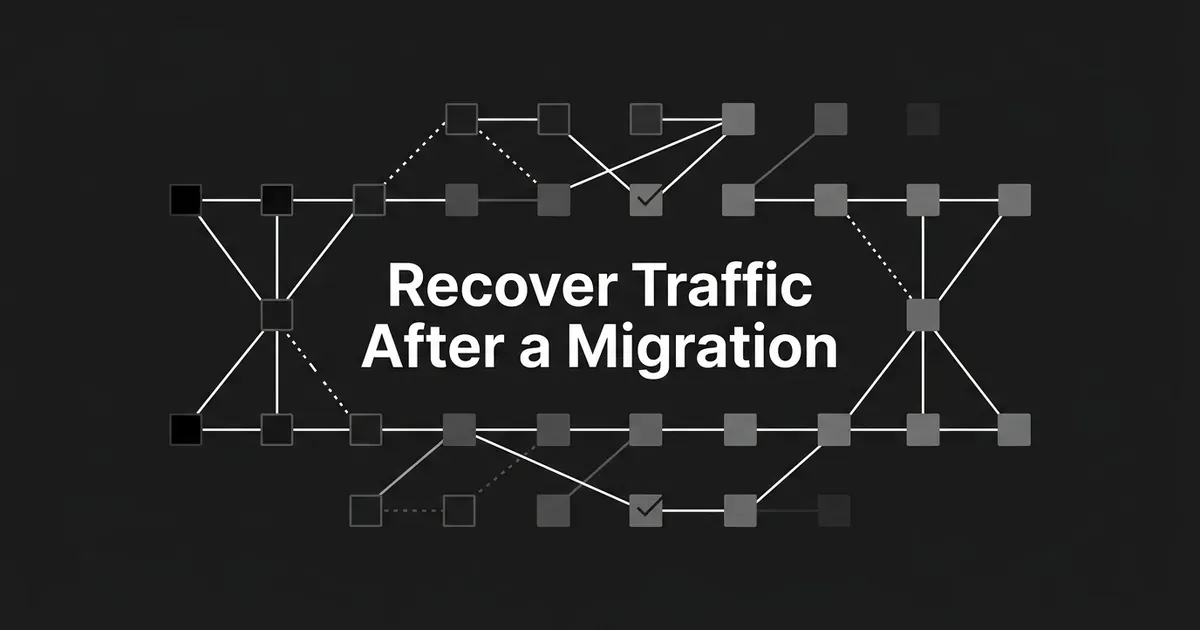 An abstract monochrome diagram of connected square nodes representing old and new page URLs, linked by solid lines for working redirects and dotted lines for broken ones, with the text Recover Traffic After a Migration centered over it.
