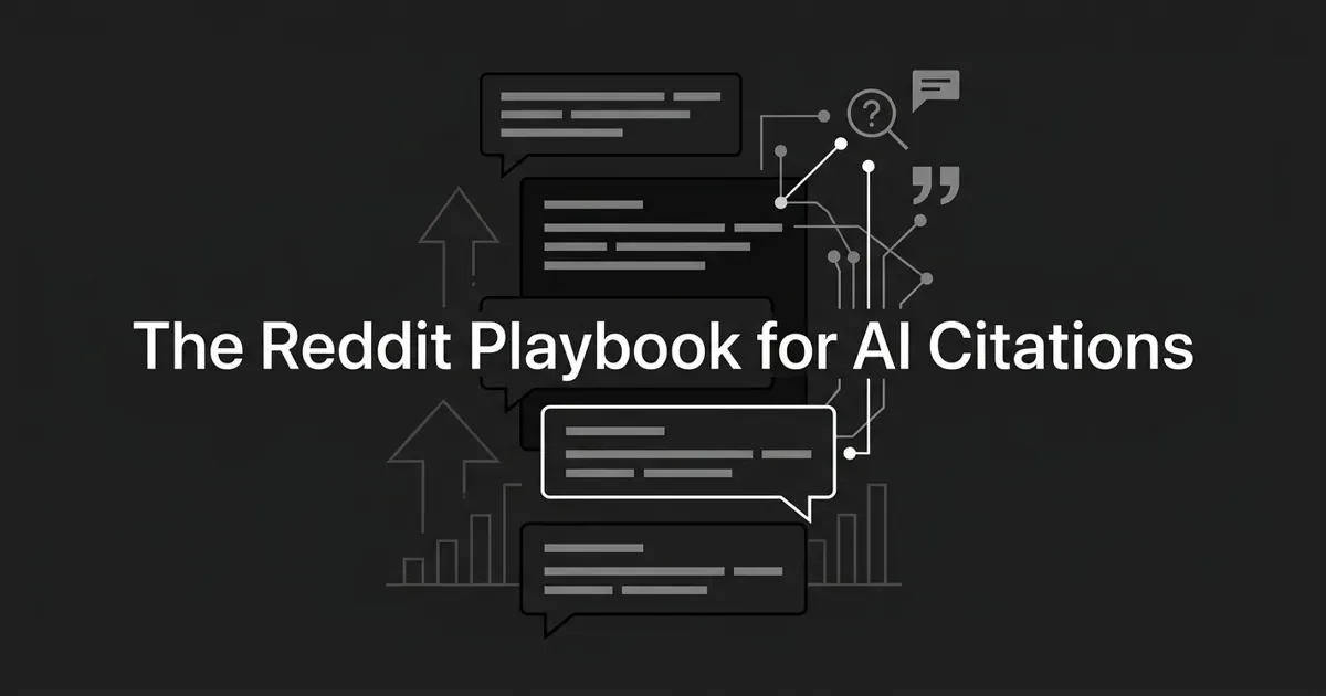 A monochrome abstract cover showing a stack of comment-thread speech bubbles on charcoal, with one reply outlined in white and wired by thin lines to search and quotation-mark glyphs, under the centered white cover line reading The Reddit Playbook for AI Citations.
