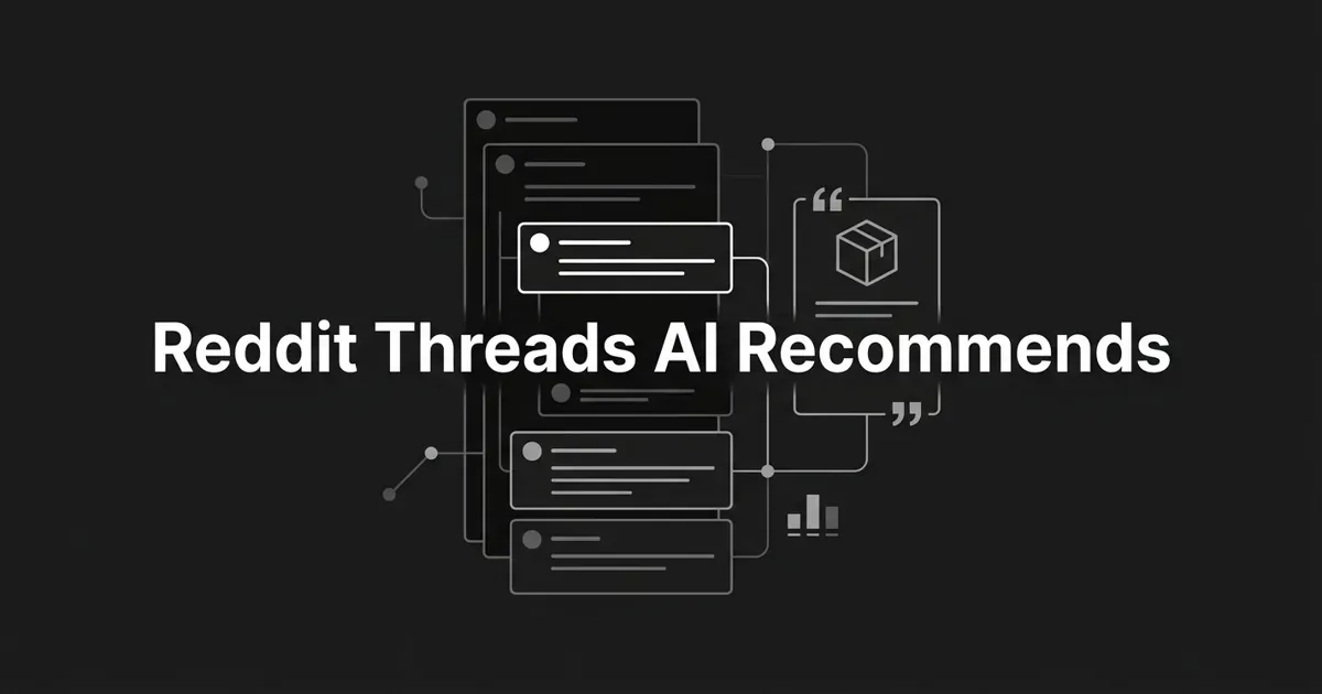 A monochrome abstract cover on charcoal showing a stack of layered comment-thread cards in white and gray linework, one reply outlined in bright white and wired by thin lines to an answer panel holding a product-box glyph, quotation marks, and a small bar-chart detail, behind the centered white cover line reading Reddit Threads AI Recommends.